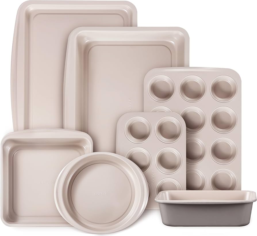 CAROTE 7-Piece Nonstick Stackable Baking Pans Set - Bakeware Sets Including Cookie Sheets for Baking, Muffin Pan, Bread Pan, Cake pan, Loaf Pan, Roasting Pan, Gray & Khaki