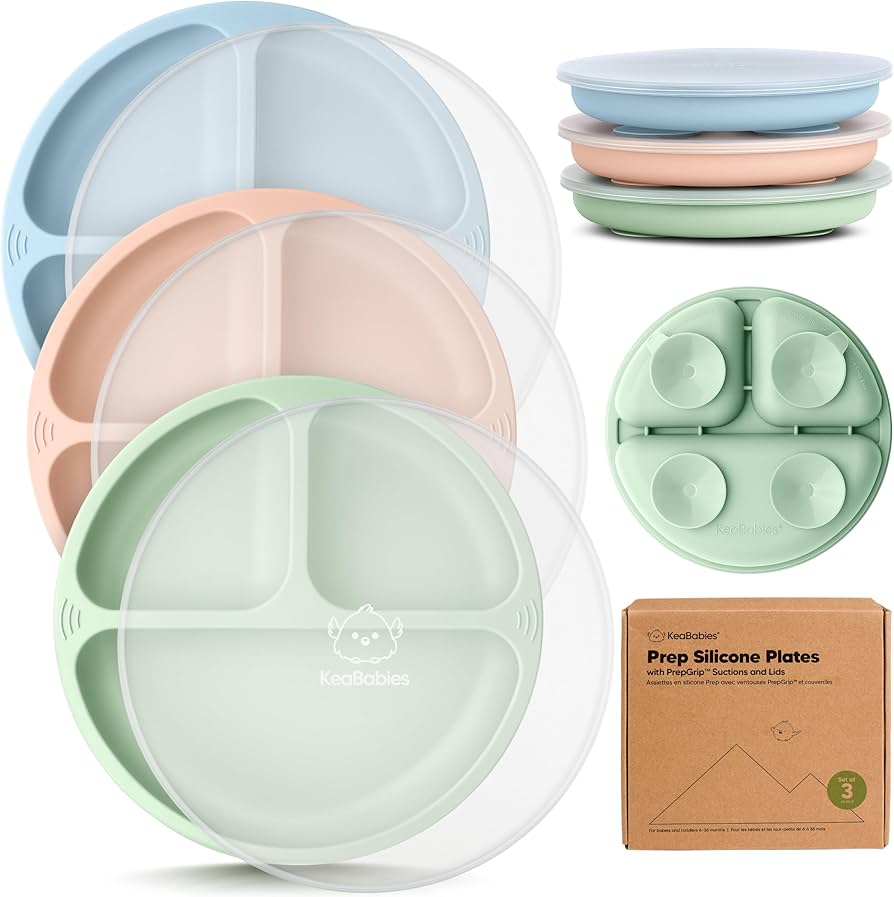 KeaBabies Suction Plates with Lids for Baby - 3-Pack 100% Silicone Toddler Plates with Suction, Divided, BPA-Free Baby Led Weaning Essentials for Kids, Dishwasher, Microwave Safe, Durable (Slate)