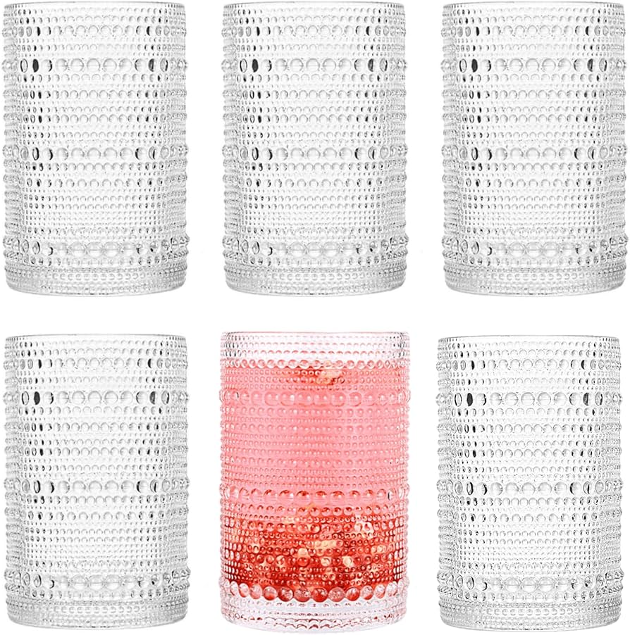 Dingerjar Hobnail Drinking Glasses set of 6（13 oz） Hobnail Water KItchen Glassware, Embossed Vintage Juice Glasses Tall Bar Drinkware