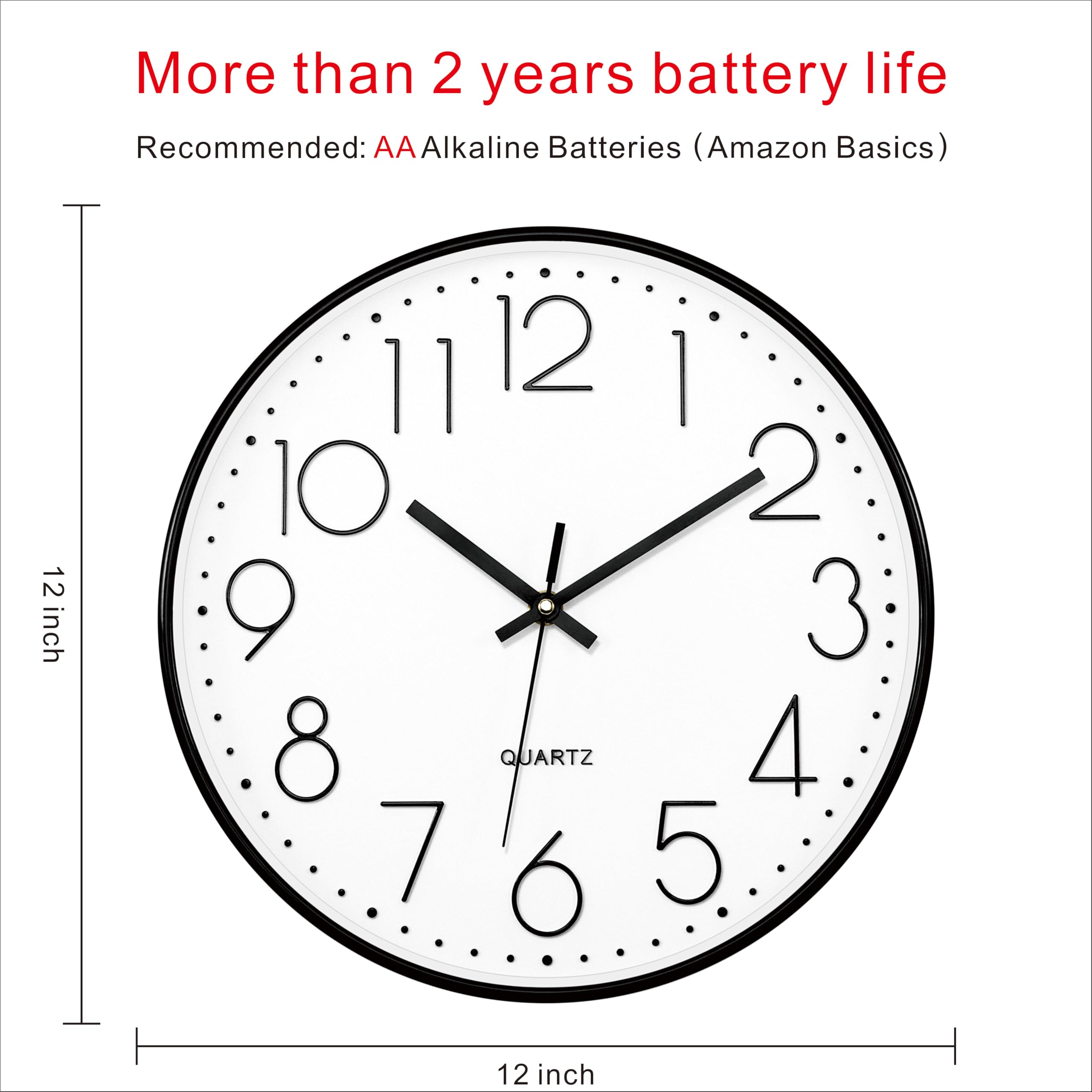 Foxtop Black Wall Clock 12 Inch Silent Non Ticking Quartz Battery Operated Round Clock Easy to Read for Office Classroom School Home Living Room Bedroom Kitchen Decor