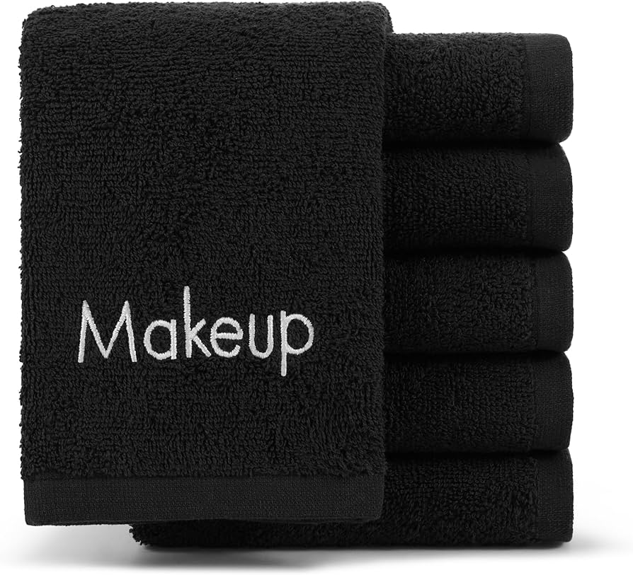 Arkwright Makeup Remover Cloths 6 Pack - 100% Cotton Face Towels, Soft Reusable Washcloths, Gentle Facial Cleansing for Waterproof Makeup, 13 x 13, Black