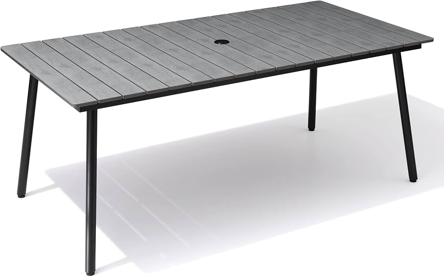 VredHom 70" Patio Outdoor Dining Table for 6, Weather-Resistant Aluminum Frame with Wood-Grain Top & Umbrella Hole for Deck Gatherings, Black