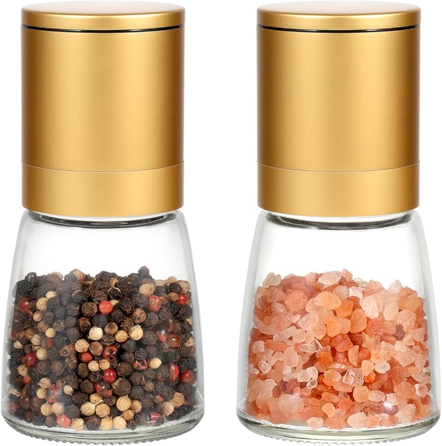 Vucchini Gold Salt and Pepper Grinder Mill - Adjustable Coarseness Ceramic Brass Spice Grinder Shaker - Refillable Glass Pepper Grinders for Home Golden Kitchen Accessories