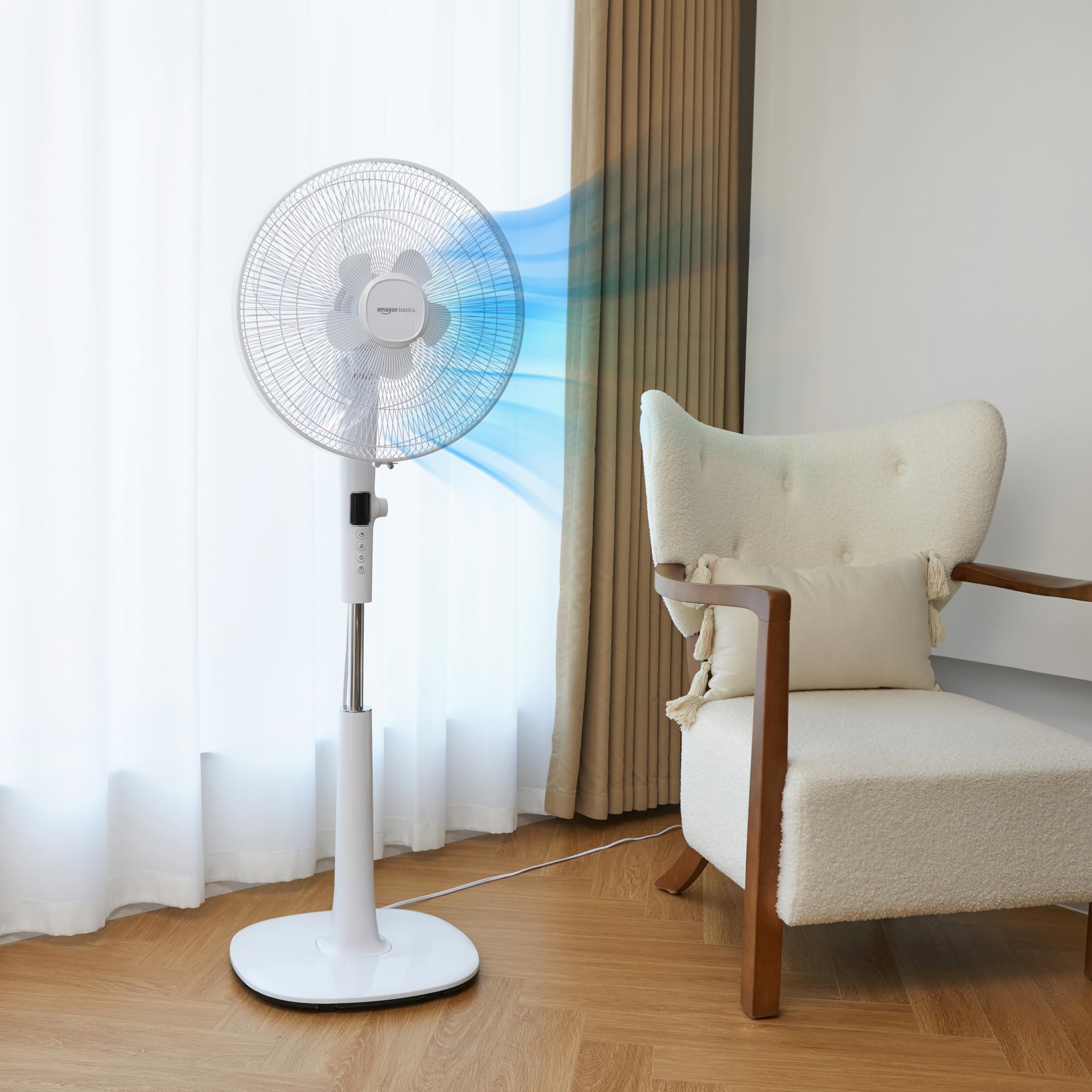 Amazon Basics 16" DC Motor Standing Floor Fan, 12 Speed with Remote, 3 Breeze Modes, Dual-Layered Blades (10 Blades), Timer, Energy Efficiency and Quiet DC Motor (28W), White