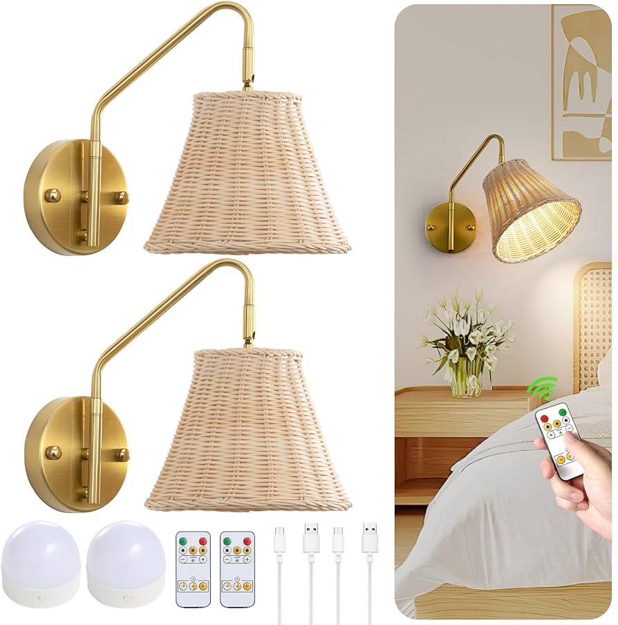 Novantl Rattan Plug in Wall Sconces Set of 2, Boho Swing Arm Plug in Sconce, Hand Woven Wicker Wall Lamps for Bedroom, Gold Wall Sconces with UL Certified Cord, Wrapped Rattan Sconce for Living Room