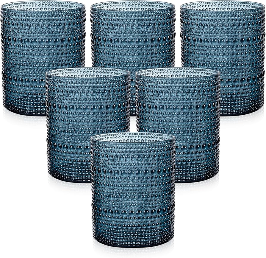 Joyido 18PCS Hobnail Plastic Drinking Glasses - 14Oz Beaded Mixed Drinkware Sets Disposable - Blue Vintage Plastic Bubble Easter Glassware for Beer, Juice, Cocktail, Whiskey, and Various Mixed Drinks
