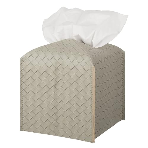 Tissue Box Cover PU Leather Tissue Holder Square Facial Tissue Case Facial Paper Organizer Dispenser for Bathroom, Vanity Countertop, Tabletop, Car, Griege