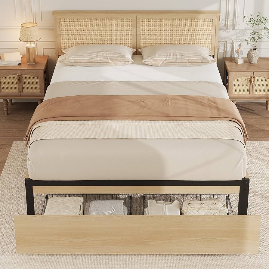 GarveeHome Rattan King Bed Frame, Boho King Size Bed Frame with Natural Rattan Headboard, Led Lights, Wooden Support Legs and Slats, Noise-Free, No Box Spring Needed