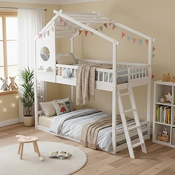 DUMOS Wood Twin Over Twin House Bunk Bed, Loft Bed with Ladder, Safety Guardrail, Wooden Slats & Window, Kids Twin Bed Frame for Teens Juniors, Freely Decorative House Roof