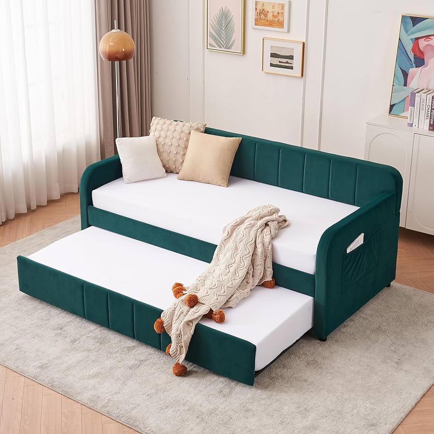 DNYN Button Tufted Design Daybed with Pop-up Trundle & USB Ports for Bedroom Guest Room, Space-Saving Twin Size Velvet Sofabed Frame with Side Storage Pockets, No Box Spring Needed/Easy Assemble