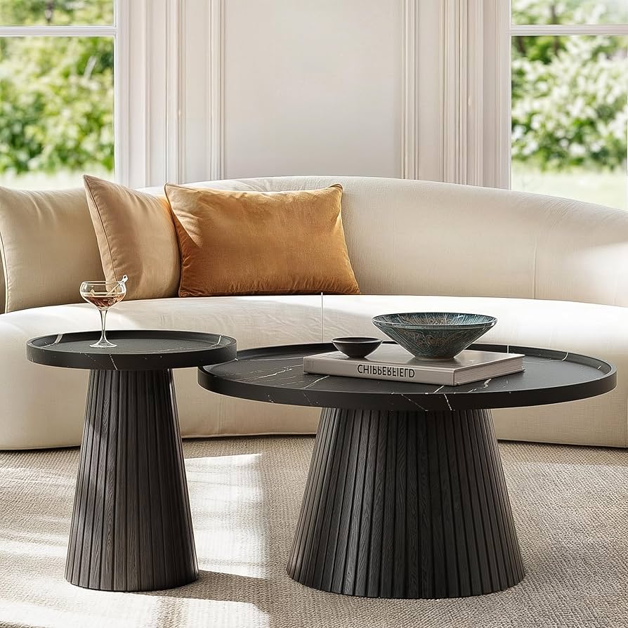 win2win Nesting Coffee Table Set of 2, Modern Coffee Table with Marble Veneer, Fluted Round Tea Table and End Table Set, Minimalist Center Tables for Living Room, Office, Black
