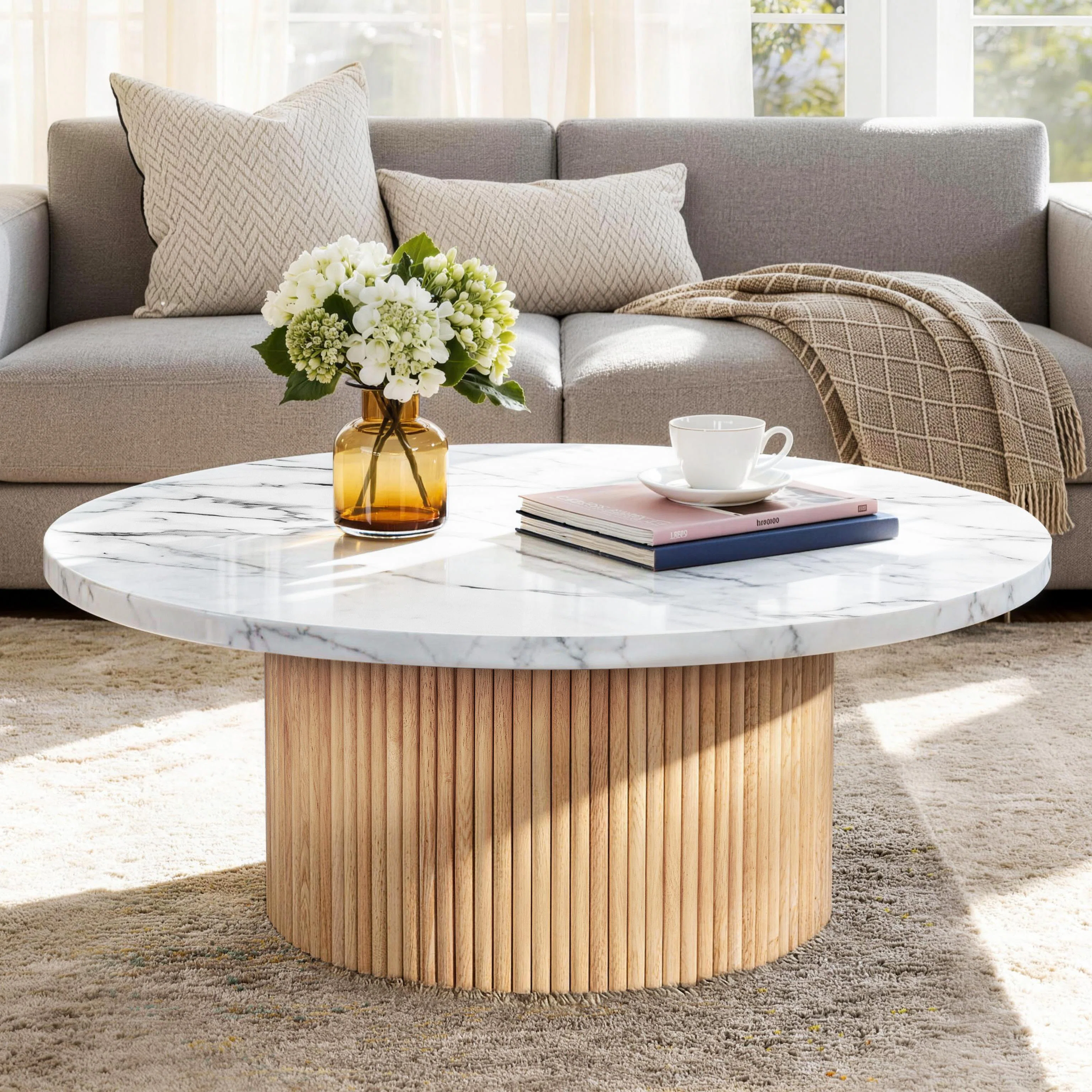 35" Marbled Wood Round Coffee Table