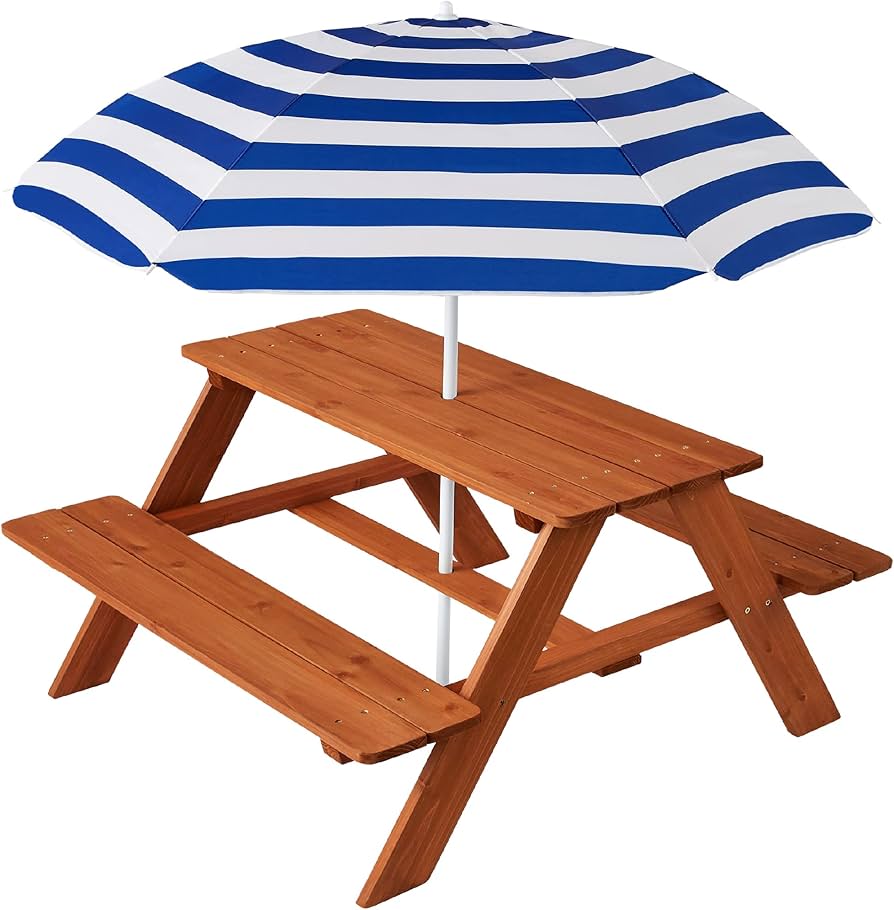 Best Choice Products Wooden Kids Picnic Table with Umbrella, Outdoor Activity Table Set with Built-in Benches, 220 lb Capacity per Bench - Walnut/Beige
