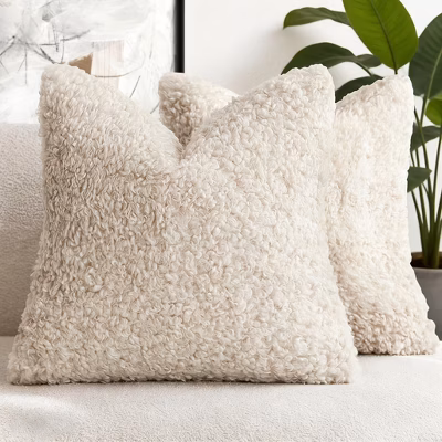 Lism 20"x20" Throw Pillow Covers 2 Pcs Shearling Decorative Pillowcases Cushion Case, Light Beige