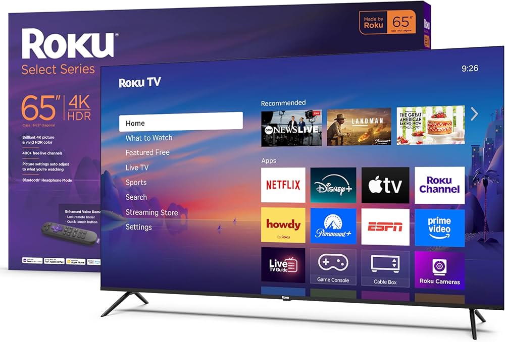Roku Smart TV – 65-Inch Select Series, 4K HDR TV – RokuTV with Enhanced Voice Remote – Flat Screen LED Television with Wi-Fi for Streaming Live Local News, Sports, Family Entertainment
