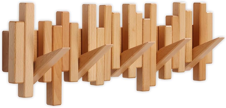 Umbra Picket Coat Rack Wall Mount – 5 Flip-Down Wood Coat Hooks, Modern & Functional Storage, Easy Install Wall Hooks, Natural