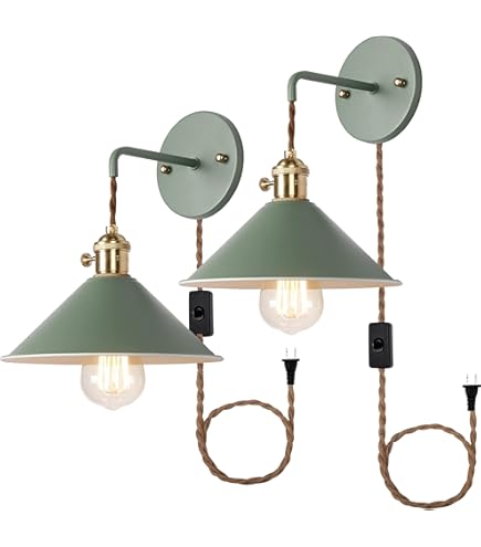 iYoee Green Plug in Wall Sconces Set of Two,Wall lamp with Plug in Cord of 2 for Bedroom Hanging Wall Lights E26 Edison Brass lamp Holder with Frosted Paint Body Bedside lamp