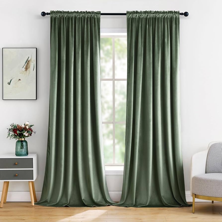 MIULEE Sage Green Velvet Curtains 90 Inches Long 2 Panels Set for Bedroom, Pinch Pleat Back Tab Luxury Thermal Insulated Living Room Darkening Drapes Pleated Blackout Window Curtains with Hooks