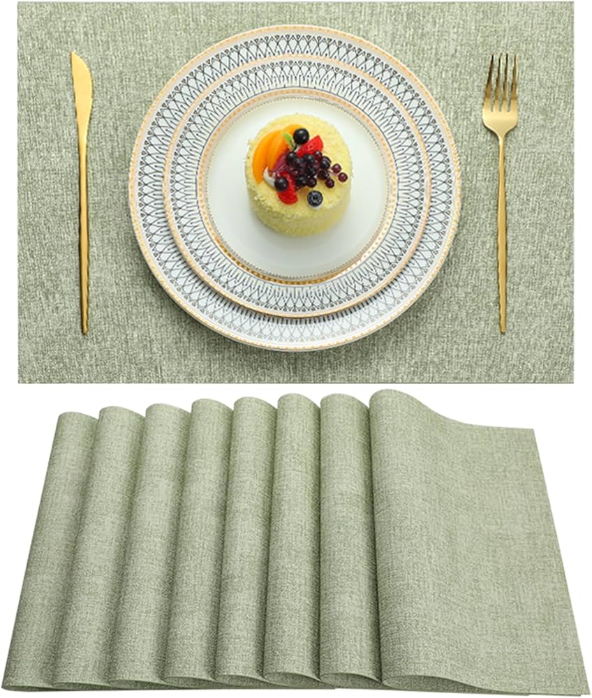 Artoid Mode Sage Faux Leather Placemats Set of 4, 12x18 Inch Waterproof Wipeable Heat Resistant Vinyl Place Mats, Reversible Table Mats for Spring Kitchen Dining Decor