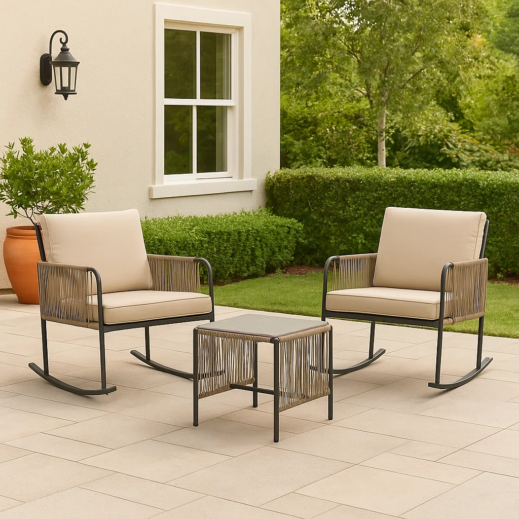 Beige 3-Piece Outdoor Rocking Chair Conversation Set with Cushions and Rope Accents