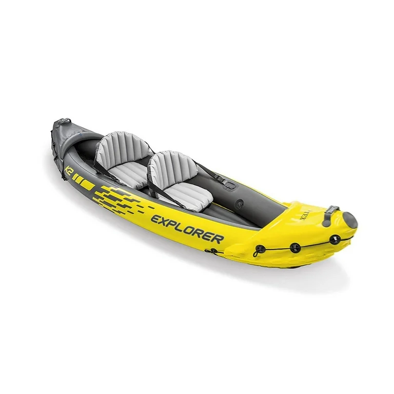 Intex 68307EP Explorer K2 Inflatable Kayak Set: Includes Deluxe 86in Aluminum Oars and High-Output Pump – SuperStrong PVC – Adjustable Seats with Backrest – 2-Person – 400lb Weight Capacity