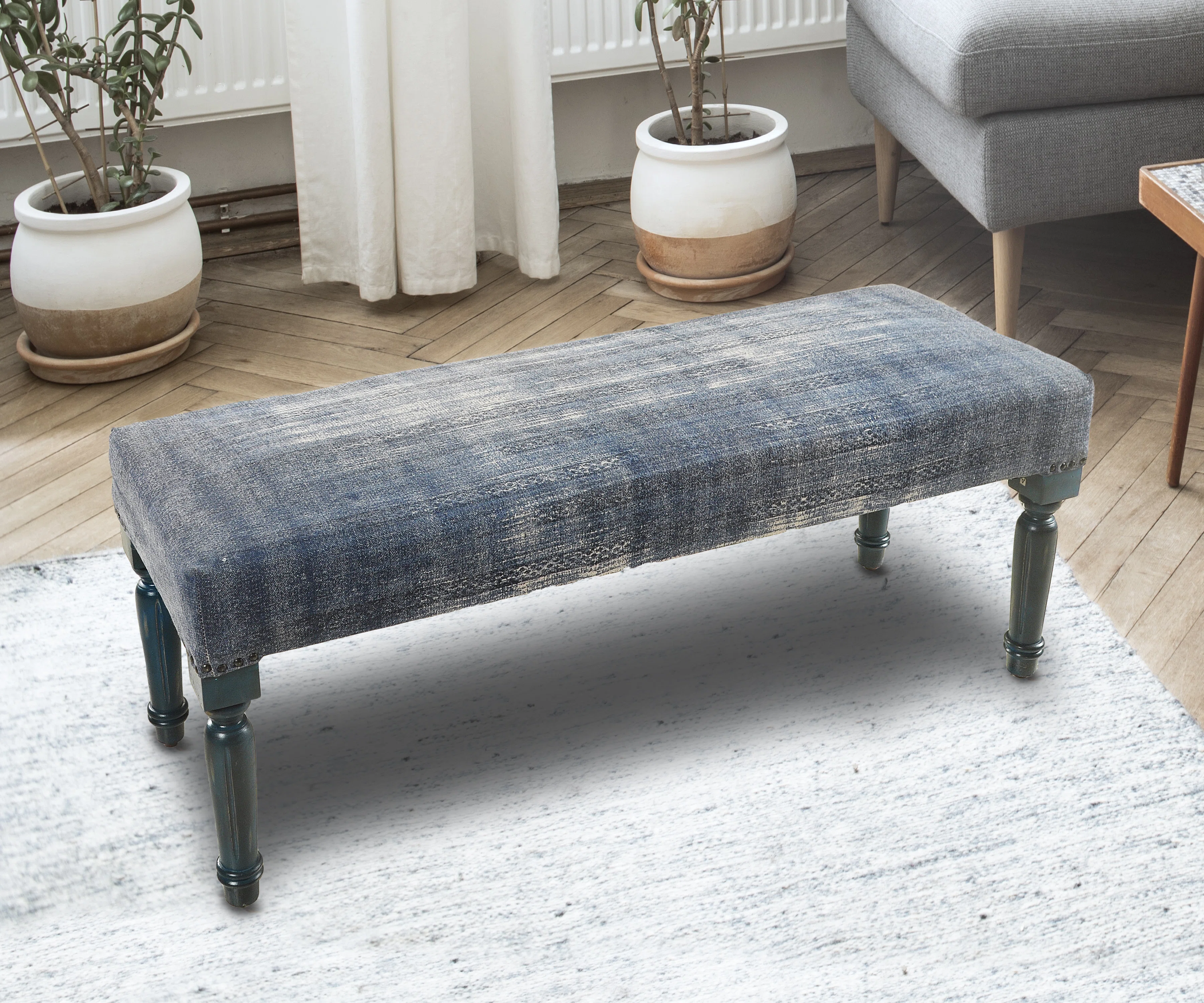 Mund Contemporary Blue Stonewashed Handmade Upholstered Bench