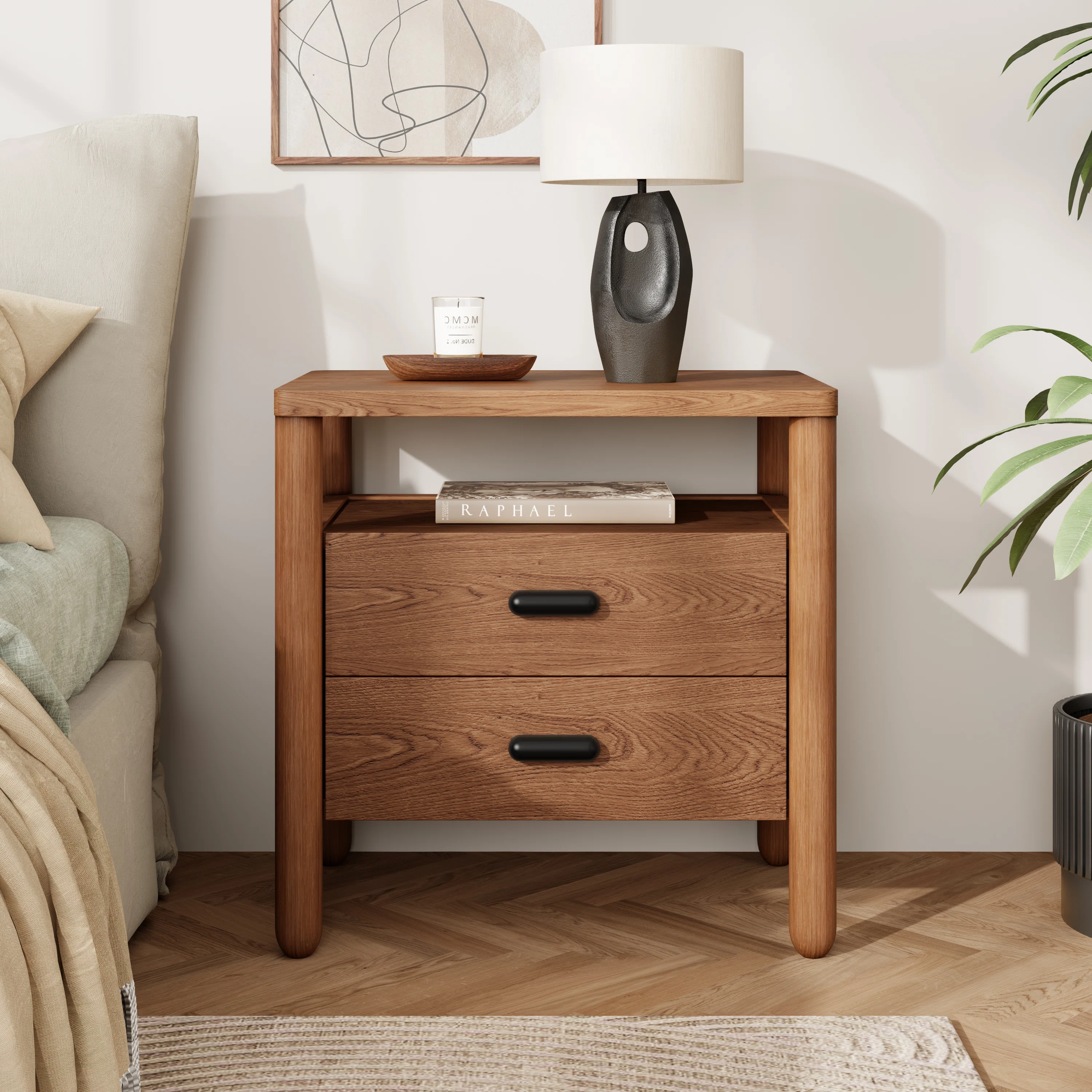 Lane Modern 2-Drawer Nightstand with Open Shelf & Rounded Wood Legs