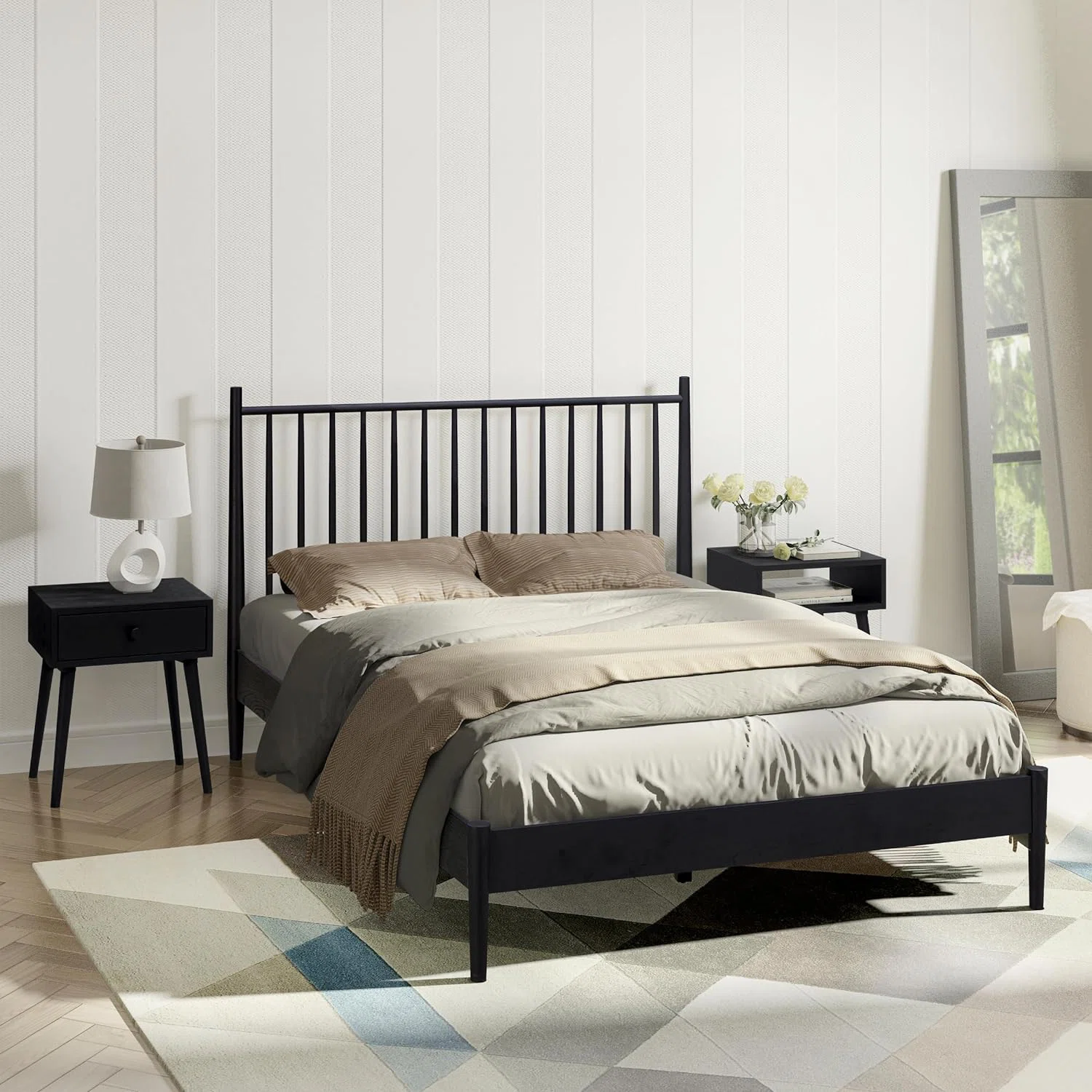 Inno Solid Wood Bed Frame with Spindle Headboard and Silent Slats, 1000 lb Capacity