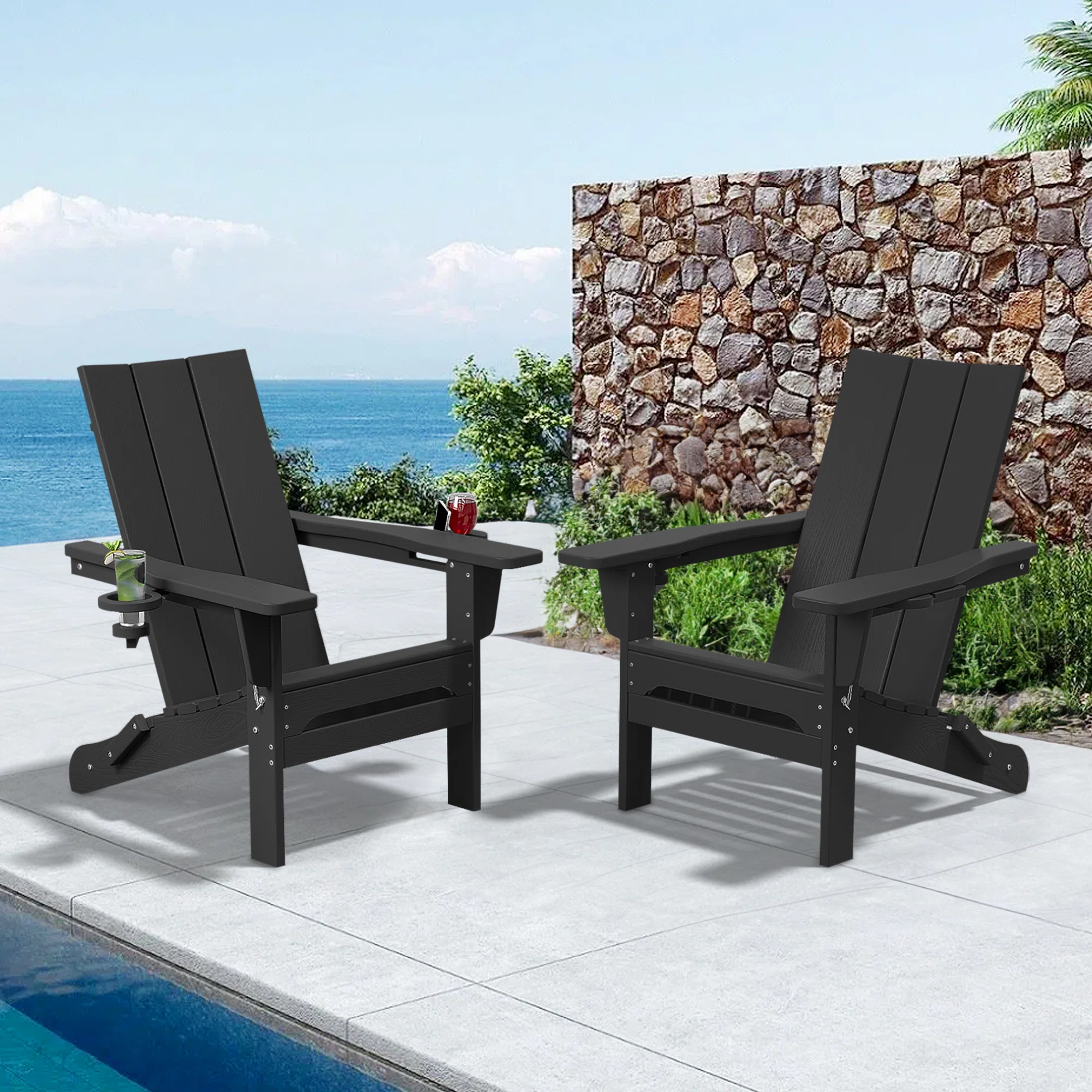 Wolak High Density Polyethylene Folding Adirondack Chair With Double Cup Holder(Set Of 2)