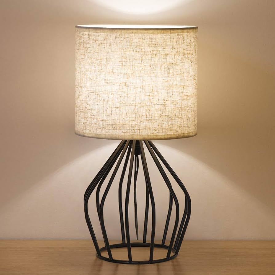 HAITRAL Black Modern Table Lamp - Minimalist Small Bedside Lamp with Hollowed Out Base Linen Fabric Shade, Vintage Nightstand Lamp for Bedroom Living Room Side Table Desk Kids Room