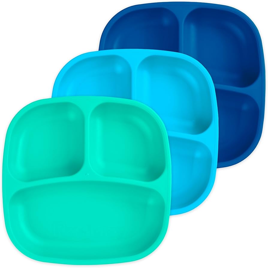 Re-Play 3 Divided Toddler Plates, 3 Utensils Set and 3 Wide Base Bowls - Dishwasher and Microwave Safe - Made in USA - Aqua Asst