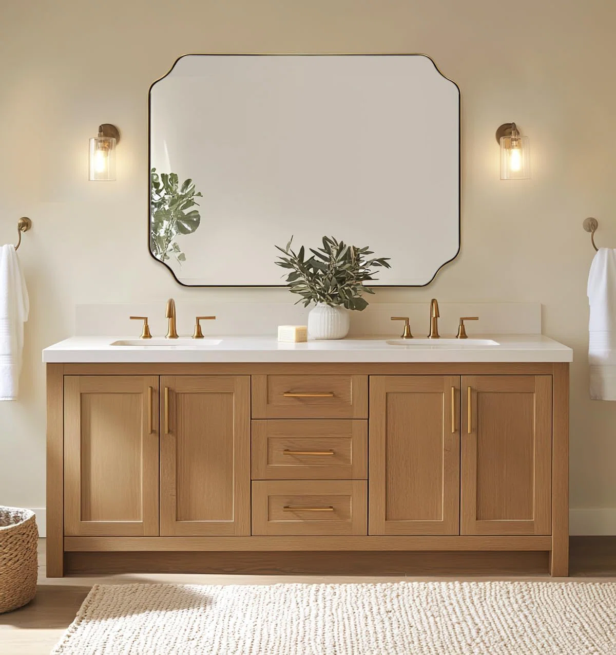 Modern Scalloped Corner Rectangle Bathroom Vanity Mirror | Stainless Steel Frame