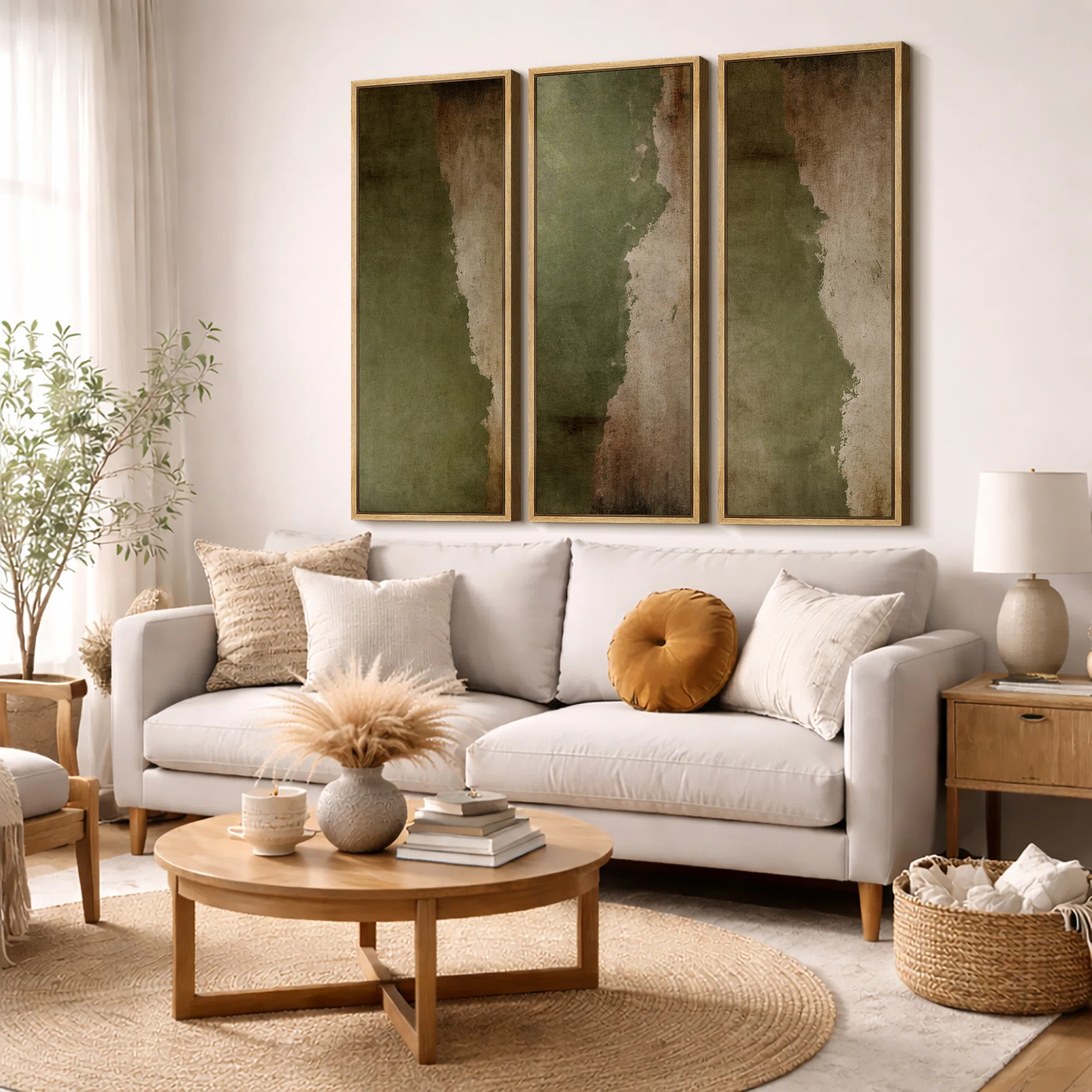 Subtle Olive Green Abstract Earth Tones Triptych – Pictures Extra Large Framed Canvas Print 3 Pieces Wall Art