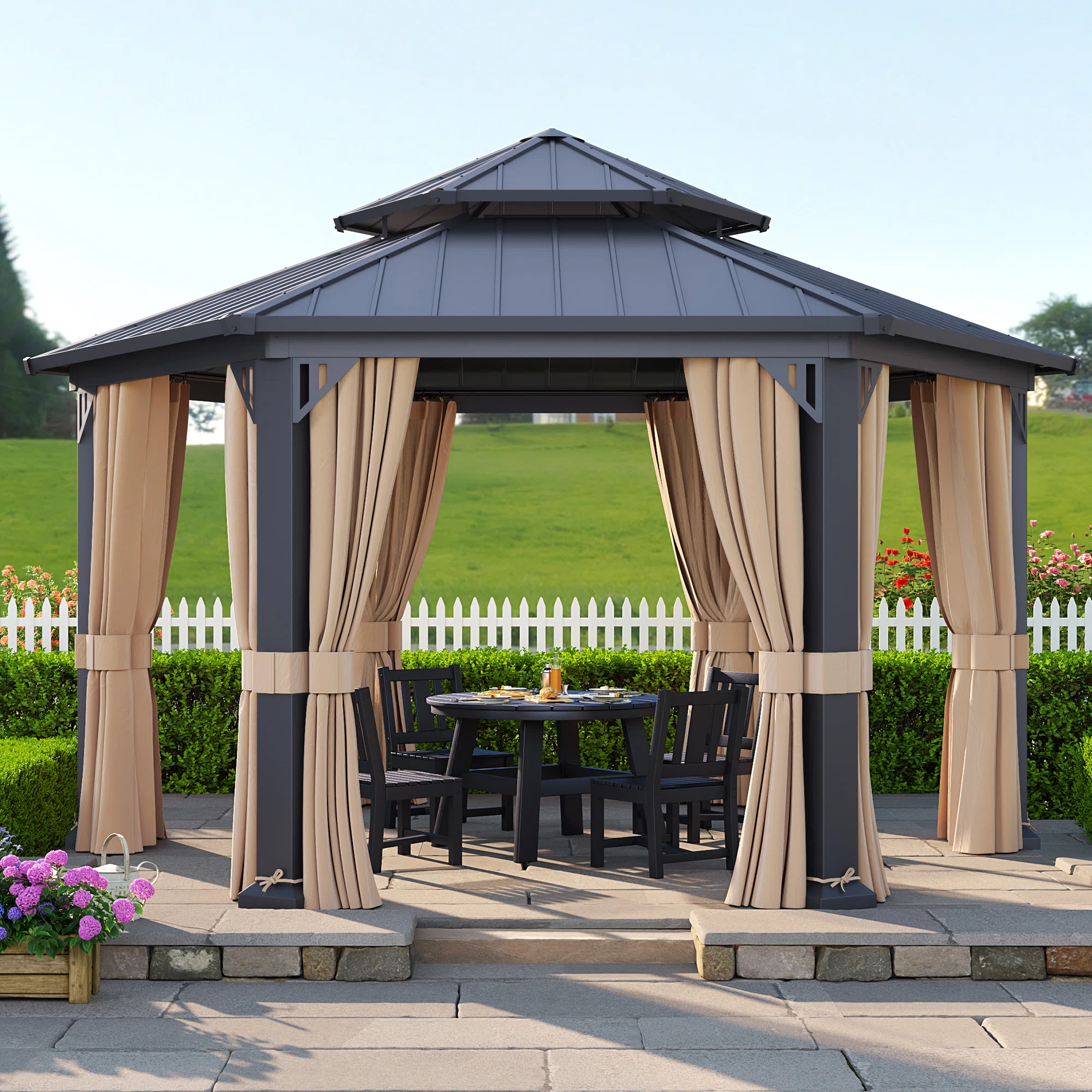 Classic 13x15 FT Hardtop Hexagon Gazebo With Dual Rails, Ceiling Hook & Netting and Curtains Included