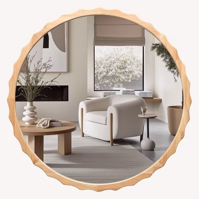 Luxenhome 31.5-inch Round Wall Mirror Natural Wood Scalloped Frame Circle Wall Mounted Decorative Wavy Mirror For Bathroom Bedroom Entryway Brown