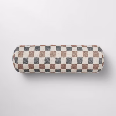 Bolster Woven Check Pillow Neutral/navy/burgundy - Threshold™ Designed With Studio Mcgee