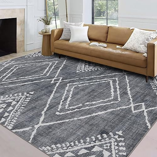 ReaLife Rugs Machine Washable Area Rug - Living Room Bedroom Bathroom Kitchen Entryway Office - Padded Low Pile Stain Resistant Premium - Moroccan Diamond Tribal - Jax - Gray 7'6" x 9'6"