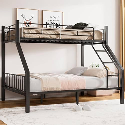 Mixcous Twin XL Over Queen Bunk Bed, Heavy Duty Bunk Bed with EVA Padded Ladder and Full-Length Guardrails, Metal Queen Bed Frame with Slats Support for Adults, Teens, Kids, Black
