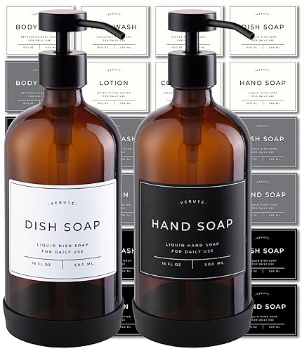 Hand and Dish Soap Dispenser for Kitchen and Bathroom, Set of 2 16 Oz Glass Bottles, Stainless Steel Pumps, Non-Slip Silicone Base, 27 Waterproof Labels (Amber Bottle/Black Pump)