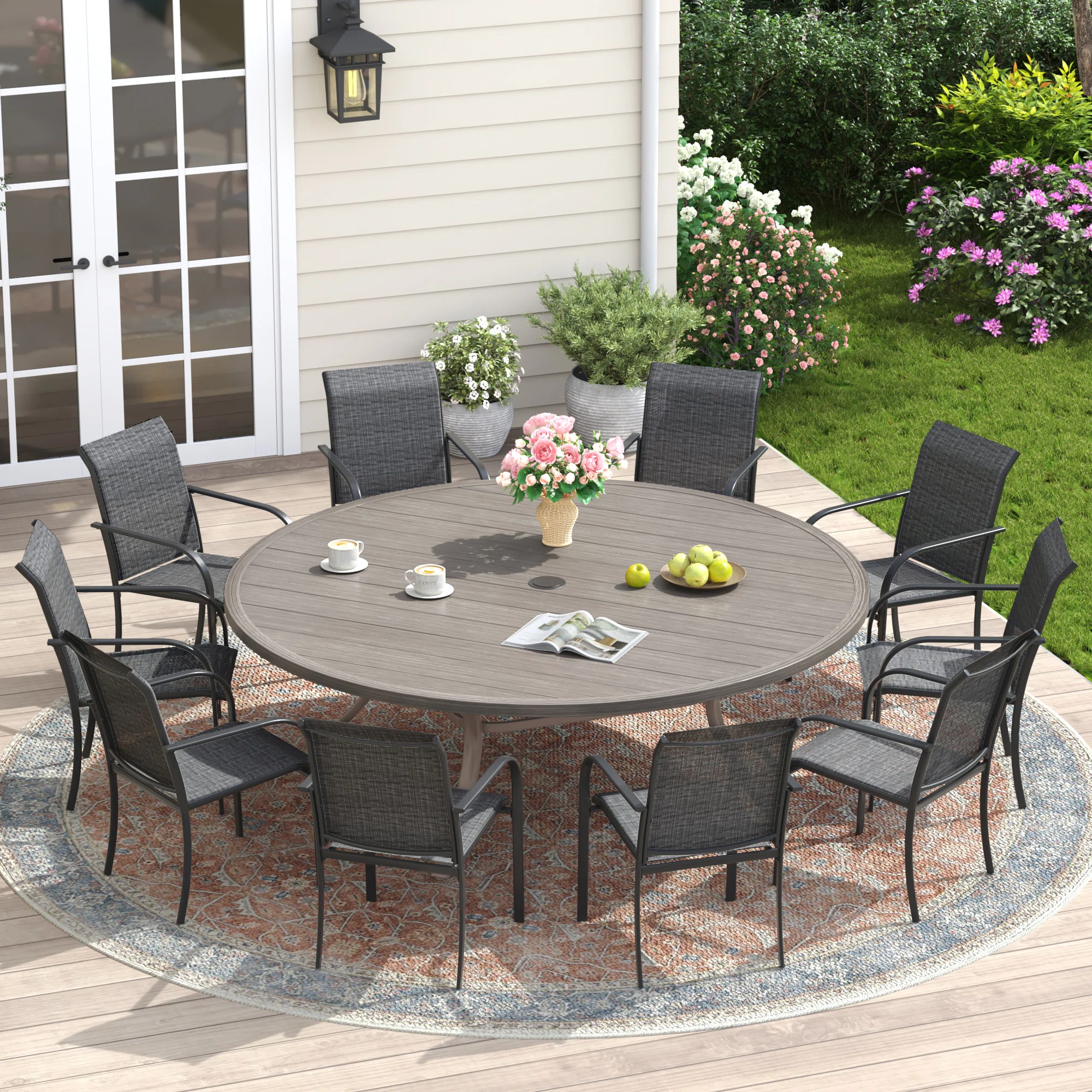 Lehigh 10-Person Patio Dining Set with 63" Round Dining Table and 10 Stackable PVC-coated polyester Chairs