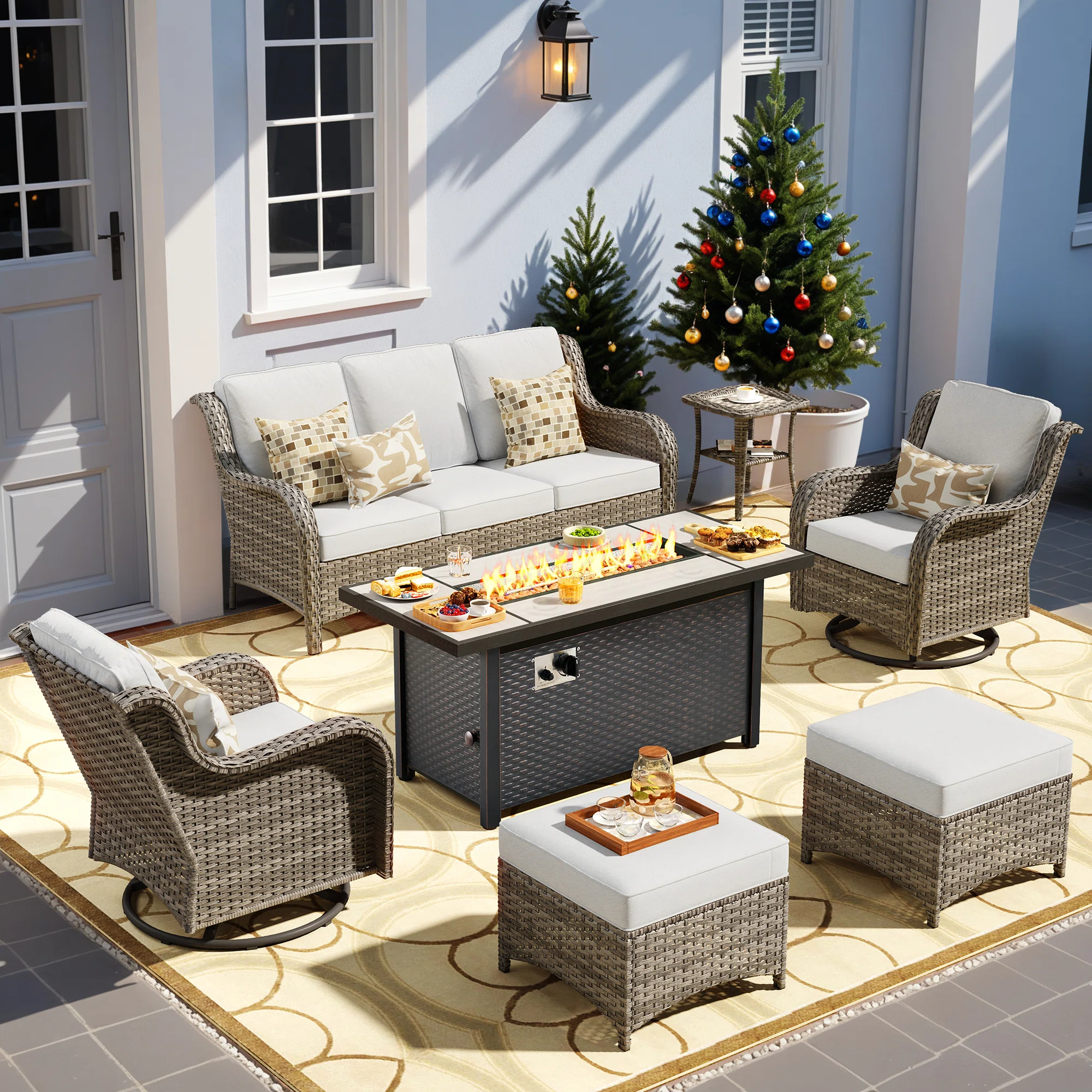 Cracraft 7-Piece Wicker Patio Furniture Set with 54-Inch Fire Pit, All-Weather Outdoor Seating Set, Swivel Rocker Chairs for Backyard, Porch, Poolside, Garden, Deck