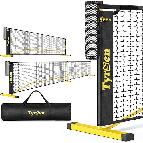 TYRSEN Portable Pickleball Net for Driveway, 22 FT Regulation Size & 11 FT Half Court Size Pickle Ball Net with Ball Collector, 2-in-1 Pickle Ball Net with Carry Bag for Garages Backyard