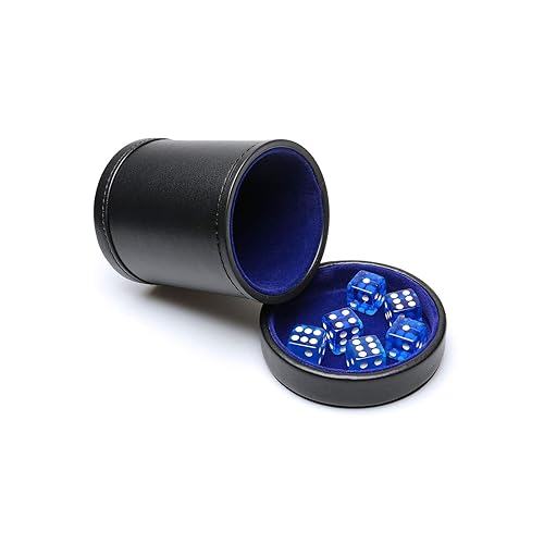 RERIVER PU Leather Dice Cup with Lid, Blue Velvet Interior Quiet Dice Shaker Cup Including 6 BlueTranslucent Dice for Liars/Farkle/Yahtzee Games, 1 Pack