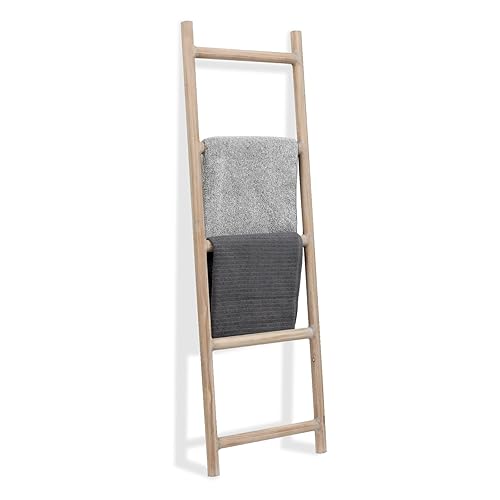 FUIN Fully Assembled 5ft Wood Blanket Ladder Living Room Decorative Wall Leaning Farmhouse Quilt Display Holder Rustic Wooden Towel Rack for Bathroom, Natural & Graywashed