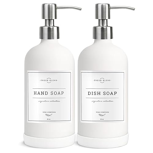 Vine Creations White Glass Soap Dispenser, 2 Pack Kitchen Soap Dispenser Set with Stainless Steel Pump, 16 oz Dish Soap and Hand Soap Dispensers for Bathroom with Waterproof Labels