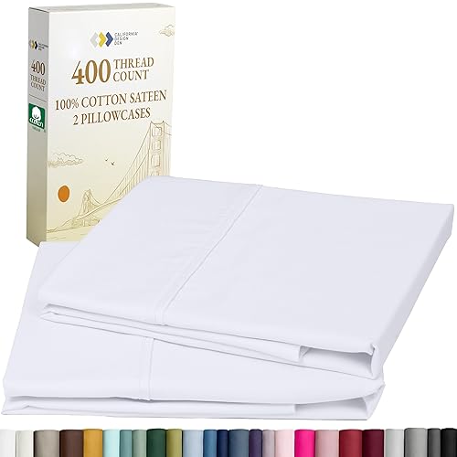 California Design Den King Size Pillowcase Set - 400 Thread Count, 100% Cotton Sateen, Set of 2 Pillow Covers, Soft and Breathable - Bright White