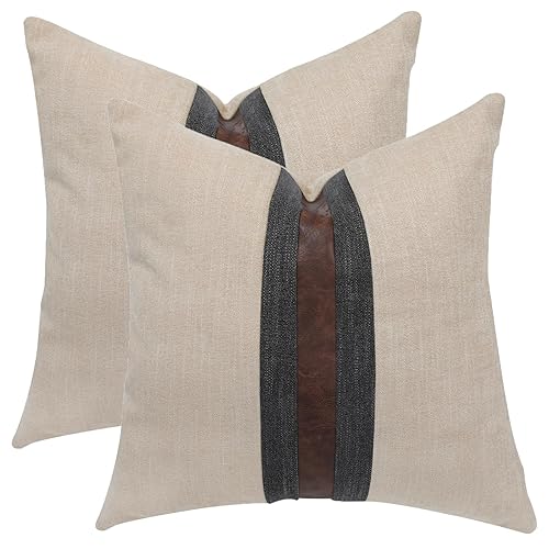 BOYSUM Set of 2 Leather Throw Pillow Covers Cotton Linen Decor Patchwork Pillow Cover Faux Leather Pillows Cover for Couch Sofa Living Room Bedroom,Beige 18"x18"