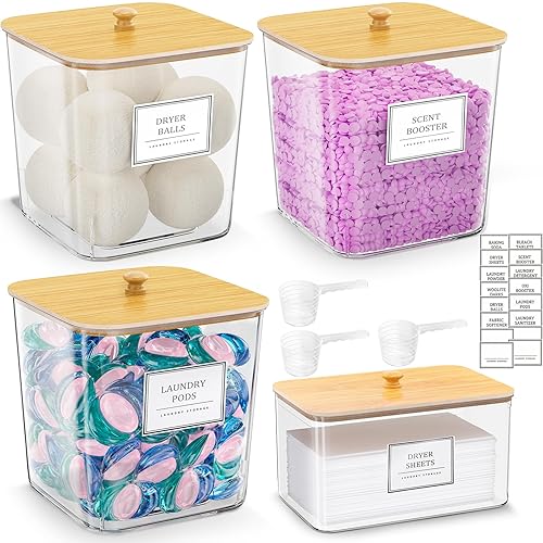 HomePekite Laundry Pods Storage Container, Clear Laundry Room Organization and Storage,Detergent Powder Container,with Wooden Lids & Labels, 3+1 Pack