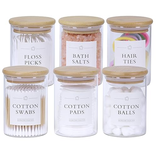 INIUNIK 6 Pack Qtip Holder Dispenser - Glass Apothecary Jars with Lids, Cotton Ball Pad Swab Round Holder, Bamboo Bathroom Accessories, Bathroom Organizers Containers Jars Canisters with Lids