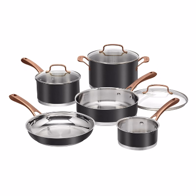Cuisinart 8pc Classic Matte Stainless Steel Cookware Set Black Blush Bronze Handles: Dishwasher-safe, Tempered Glass Lids
